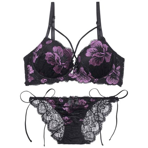 8/20新作!【三上悠亜着用】マジェスティックフルール育乳ブラジャー&バック透けサイド紐フルバックショーツ[推し][人気](パープル-A65/ショーツM)