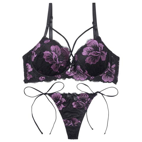 8/20新作!【Tバック】【三上悠亜着用】マジェスティックフルール育乳ブラジャー&バック透けサイド紐Tバックショーツ[推し][人気](パープル-A65/ショーツM)