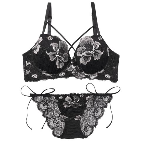 8/20新作!【EFサイズ】【三上悠亜着用】マジェスティックフルール育乳ブラジャー&バック透けサイド紐フルバックショーツ[推し](グレー-E65/ショーツM)