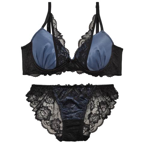 11/15再販!【三上悠亜着用】ロイヤルサテンレース育乳ブラジャー&バック透けフルバックショーツ[推し][人気](ブルー-A65/ショーツM)