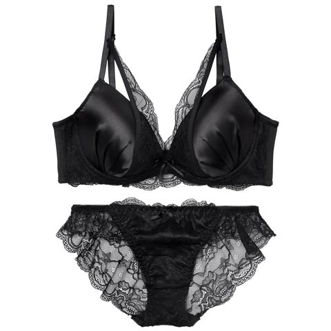 11/15再販!【三上悠亜着用】ロイヤルサテンレース育乳ブラジャー&バック透けフルバックショーツ[推し][人気](ブラック-A65/ショーツM)