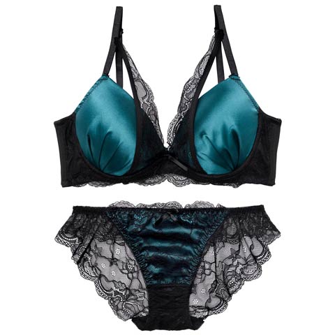 11/15再販!【三上悠亜着用】ロイヤルサテンレース育乳ブラジャー&バック透けフルバックショーツ[推し][人気](ブルーグリーン-A65/ショーツM)