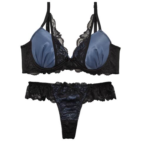 11/15再販!【Tバック】【三上悠亜着用】ロイヤルサテンレース育乳脇高ブラジャー&バック透けTバックショーツ[推し][人気](ブルー-A65/ショーツM)