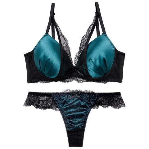 11/15再販!【EFサイズ】【Tバック】【三上悠亜着用】ロイヤルサテンレース育乳脇高ブラジャー&バック透けTバックショーツ[推し](ブルーグリーン-E65/ショーツM)