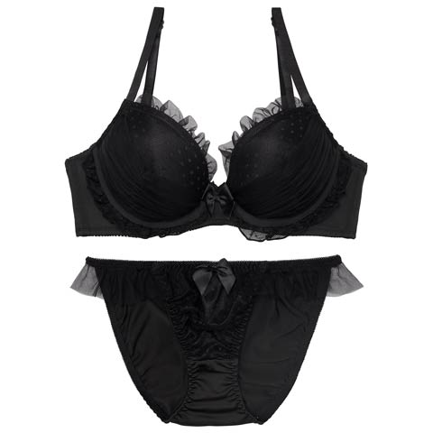 9/10新作!【EFサイズ】メロウドットチュール育乳脇高ブラジャー&フルバックショーツ[推し](ブラック-E65/ショーツM)