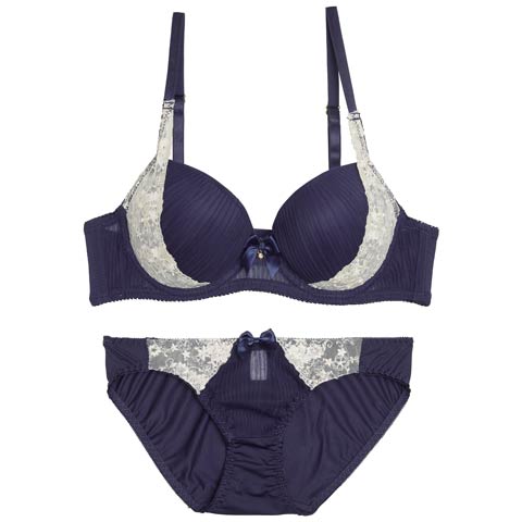 10/15新作!プリーツフラワーレースブラジャー&フルバックショーツ[推し][人気](ネイビー-A65/ショーツM)