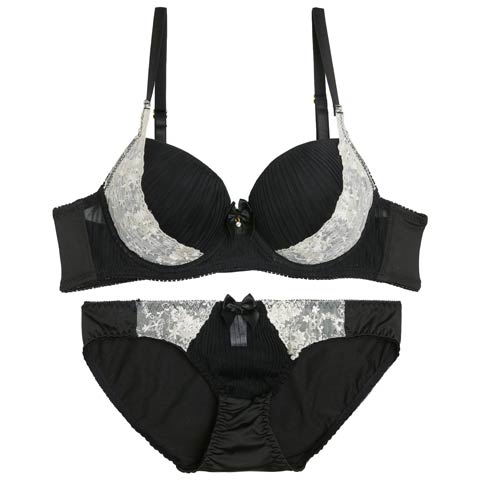 10/15新作!プリーツフラワーレースブラジャー&フルバックショーツ[推し][人気](ブラック-A65/ショーツM)