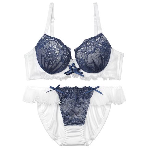 9/12新作!エアリーフリルレースブラジャー&フルバックショーツ[推し][人気](ネイビー-A65/ショーツM)