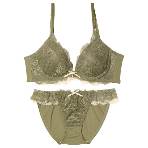 11/22再販!エレガントバイカラーレース育乳ブラジャー&フルバックショーツ[推し][人気](カーキ-A65/ショーツM)