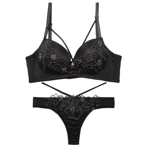 10/1新作!【EFサイズ】【Tバック】【三上悠亜着用】グラマラスコードフラワー育乳脇高ブラジャー&Tバックショーツ[推し](ブラック-E65/ショーツM)