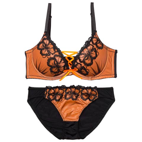 9/8新作!ネオンフラワースピンドル育乳ブラジャー&フルバックショーツ[推し][人気](オレンジ-A65/ショーツM)