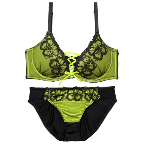 9/8新作!【EFサイズ】ネオンフラワースピンドル育乳ブラジャー&フルバックショーツ[推し](グリーン-E65/ショーツM)