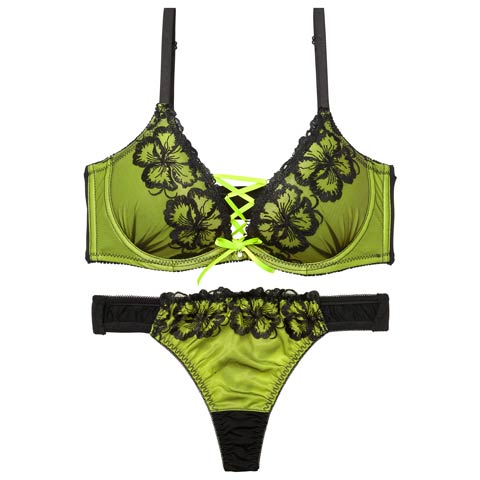 9/8新作!【EFサイズ】【Tバック】ネオンフラワースピンドル育乳ブラジャー&Tバックショーツ[推し](グリーン-E65/ショーツM)