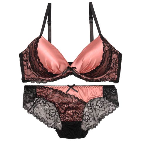 8/25新作!ノーブルサテンレース育乳ブラジャー&バック透けフルバックショーツ[推し][人気](サーモンピンク-A65/ショーツM)