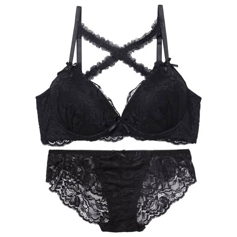 9/3新作!【三上悠亜着用】ロマンティックレーシィクロス育乳脇高ブラジャー&バック透けフルバックショーツ[推し][人気](ブラック-A65/ショーツM)