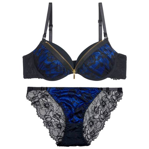 12/19新作!【EFサイズ】ロージーレースファスナーブラジャー＆バック透けフルバックショーツ[推し](ブルー-E65/ショーツM)