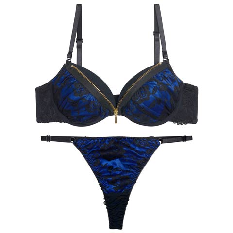 12/19新作!【EFサイズ】【Tバック】ロージーレースファスナーブラジャー＆バック透けTバックショーツ[推し](ブルー-E65/ショーツM)