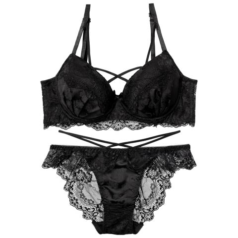 11/15再販!【EFサイズ】ヴィーナスレーシィクロス育乳脇高ブラジャー&バック透けフルバックショーツ[推し](ブラック-E65/ショーツM)