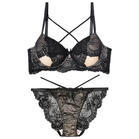 10/28再販!クロスカットアウトレーシィブラジャー&バック透けフルバックショーツ[推し][人気](ブラック-A65/ショーツM)