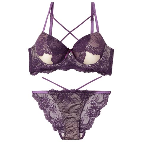 10/28再販!クロスカットアウトレーシィブラジャー&バック透けフルバックショーツ[推し][人気](パープル-A65/ショーツM)