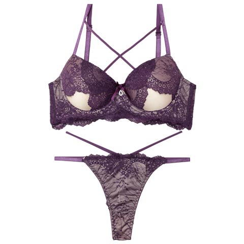 10/28再販!【Tバック】クロスカットアウトレーシィブラジャー&バック透けTバックショーツ[推し][人気](パープル-A65/ショーツM)