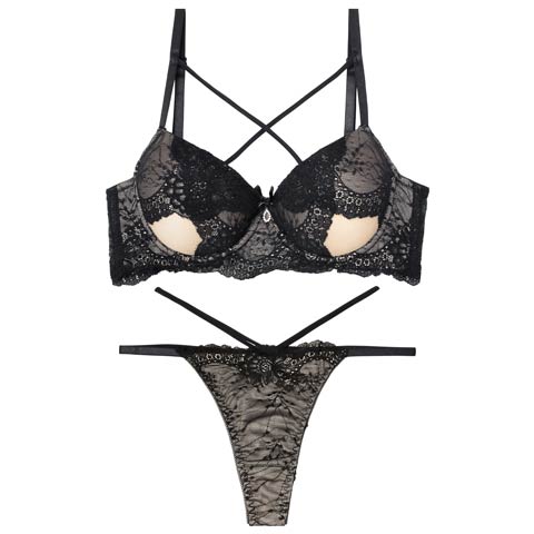 10/28再販!【EFサイズ】【Tバック】クロスカットアウトレーシィブラジャー&バック透けTバックショーツ[推し](ブラック-E65/ショーツM)