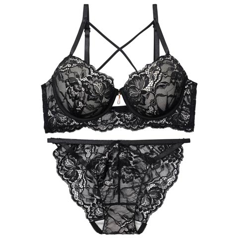 10/10新作!ラビッシュレースストリング育乳脇高ブラジャー&バック透けフルバックショーツ[推し][人気](ブラック-A65/ショーツM)