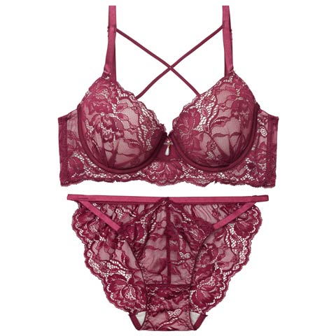 10/10新作!【EFサイズ】ラビッシュレースストリング育乳ブラジャー&バック透けフルバックショーツ[推し](チェリー-E65/ショーツM)