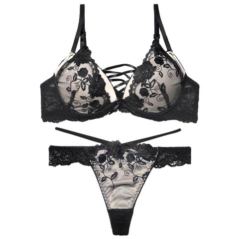 12/12新作!【Tバック】ノワールフラワーレースアップブラジャー&バック透けTバックショーツ[推し][人気](アイボリー-A65/ショーツM)