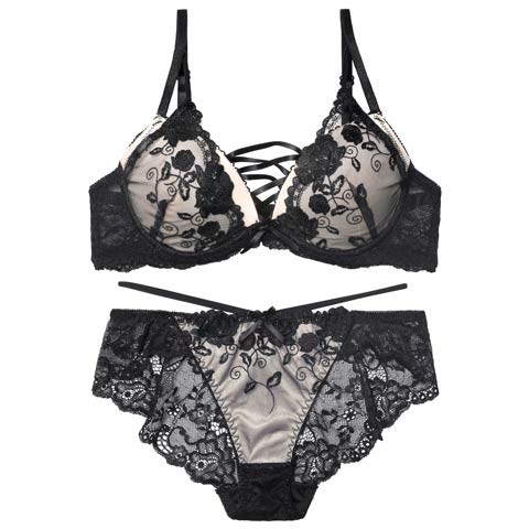 12/12新作!【EFサイズ】ノワールフラワーレースアップブラジャー&バック透けフルバックショーツ[推し](アイボリー-E65/ショーツM)