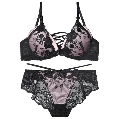 12/12新作!【EFサイズ】ノワールフラワーレースアップブラジャー&バック透けフルバックショーツ[推し](ピンク-E65/ショーツM)