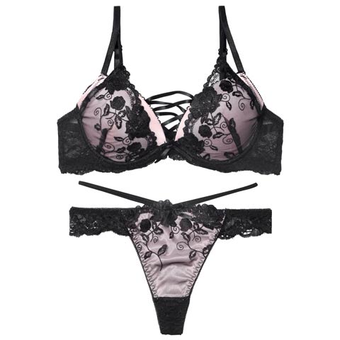 12/12新作!【EFサイズ】【Tバック】ノワールフラワーレースアップブラジャー&バック透けTバックショーツ[推し](ピンク-E65/ショーツM)