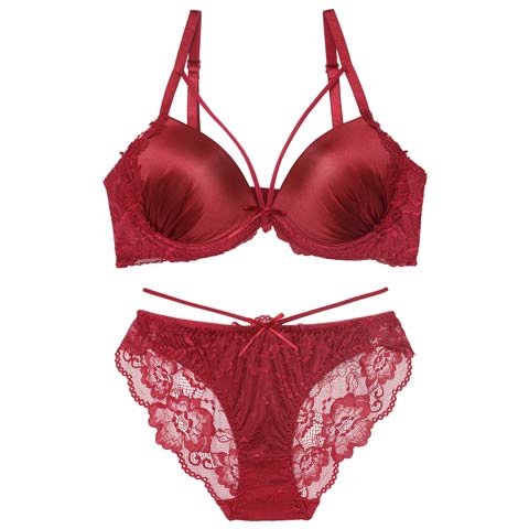 11/10新作!【EFサイズ】グロウサテンストリングブラジャー&バック透けフルバックショーツ[推し](レッド-E65/ショーツM)
