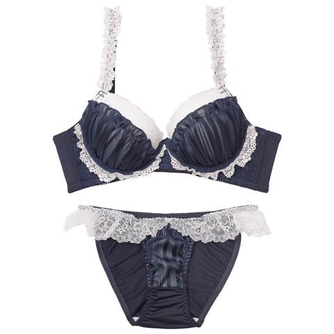 11/8再販!シャイニーフリルレース育乳脇高ブラジャー&フルバックショーツ[推し][人気](ネイビー-A65/ショーツM)