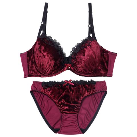 10/29新作!【EFサイズ】ラグジュアリーベロアローズ育乳ブラジャー&フルバックショーツ[推し](ワインレッド-E65/ショーツM)