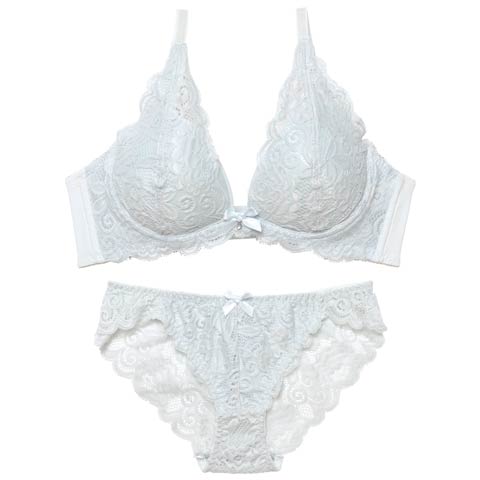 12/3新作!【ノンワイヤー】イノセントレース育乳脇高ブラジャー&バック透けフルバックショーツ[推し][人気](サックス-A65/ショーツM)