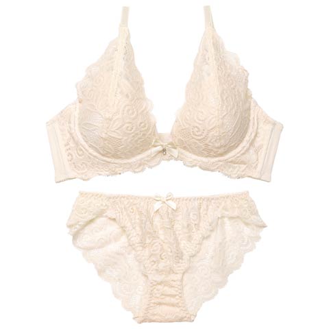 12/3新作!【ノンワイヤー】イノセントレース育乳脇高ブラジャー&バック透けフルバックショーツ[推し][人気](アイボリー-A65/ショーツM)
