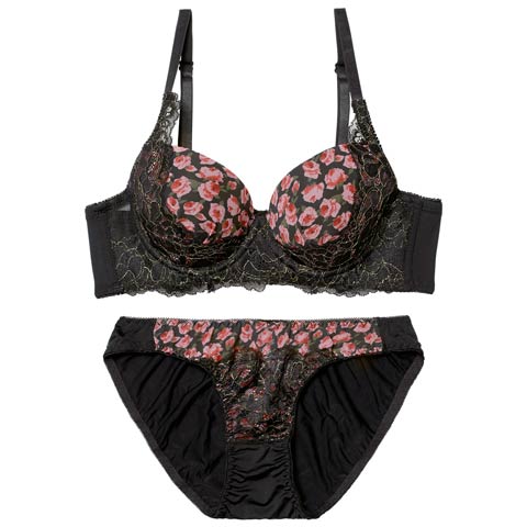 1/12新作!ロージーフルールレース育乳脇高ブラジャー&フルバックショーツ[推し][人気](ブラック-A65/ショーツM)