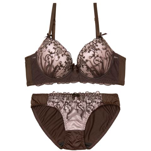2/18新作!ダスティフラワーチュール育乳脇高ブラジャー&フルバックショーツ[推し][人気](ブラウン-A65/ショーツM)