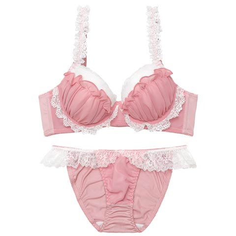 2/25新作!ドリーミーフリルレース育乳脇高ブラジャー&フルバックショーツ[推し][人気](ピンク-A65/ショーツM)