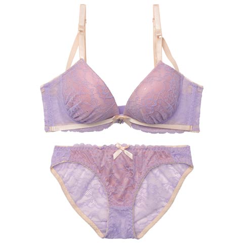 3/4新作!バイカラーリボンレース育乳脇高ブラジャー&バック透けフルバックショーツ[推し][人気](ラベンダー-A65/ショーツM)