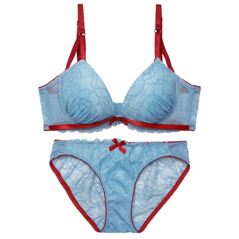 3/4新作!バイカラーリボンレース育乳脇高ブラジャー&バック透けフルバックショーツ[推し][人気](ブルー-A65/ショーツM)