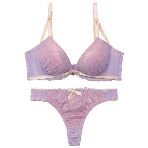 3/4新作!【EFサイズ】【Tバック】バイカラーリボンレース育乳脇高ブラジャー&バック透けTバックショーツ[推し](ラベンダー-E65/ショーツM)