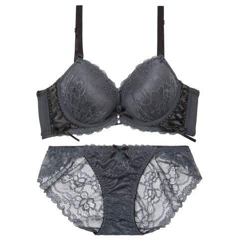 4/22新作!スピンドルリボンレース育乳脇高ブラジャー&バック透けフルバックショーツ[推し][人気](チャコール-A65/ショーツM)