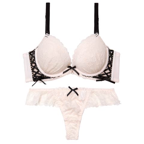 4/22新作!【Tバック】スピンドルリボンレース育乳脇高ブラジャー&バック透けTバックショーツ[推し][人気](アイボリー-A65/ショーツM)