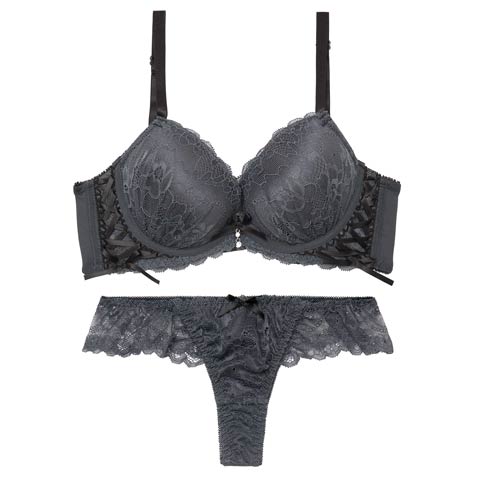 4/22新作!【Tバック】スピンドルリボンレース育乳脇高ブラジャー&バック透けTバックショーツ[推し][人気](チャコール-A65/ショーツM)
