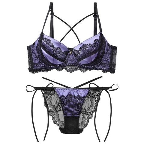 11/7新作!【EFサイズ】ミッドナイトクイーン育乳ブラジャー&サイド紐バック透けフルバックショーツ[推し](パープル-E65/ショーツM)