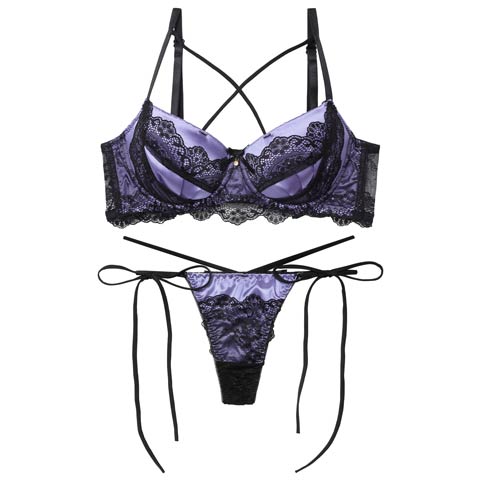 11/7新作!【EFサイズ】【Tバック】ミッドナイトクイーン育乳脇高ブラジャー&サイド紐バック透けTバックショーツ[推し](パープル-E65/ショーツM)
