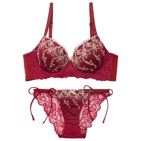 11/19新作!【三上悠亜着用】ダマスクホリデーエンブロイダリー育乳脇高ブラジャー&サイド紐バック透けフルバックショーツ[推し][人気](ワインレッド-A65/ショーツM)