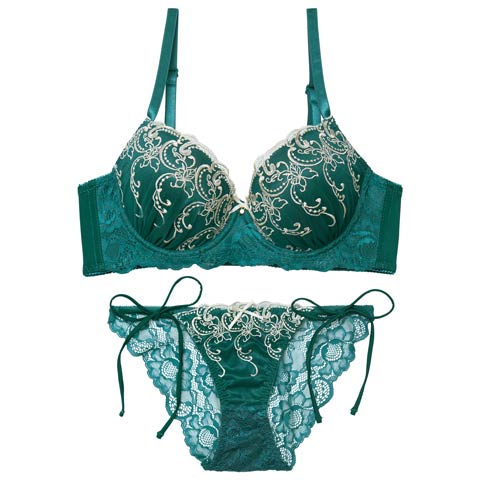 11/19新作!【EFサイズ】【Tバック】【三上悠亜着用】ダマスクホリデーエンブロイダリー育乳脇高ブラジャー&サイド紐バック透けフルバックショーツ[推し](グリーン-E65/ショーツM)